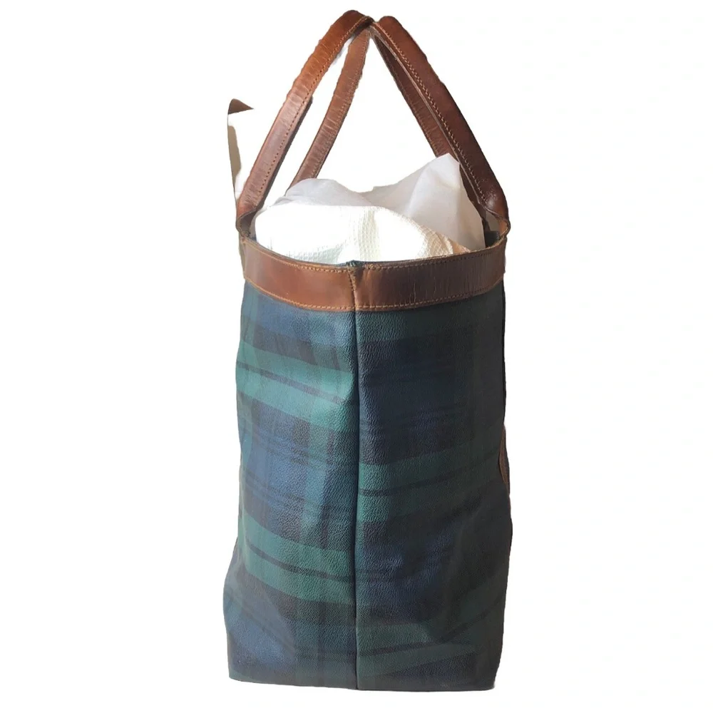 RALPH LAUREN Black Watch Plaid Oversized Coated Canvas Brown Leather Travel Bag